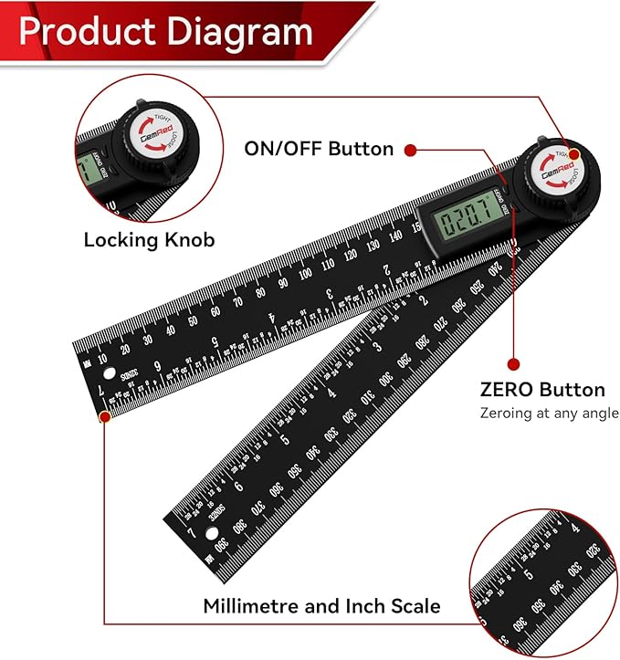 GemRed 82305 Aluminum Digital Angle Finder Protractor-DeskLoop Office
