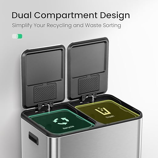 Cesun Kitchen Trash Can, 8 + 8 Gallon Dual Trash and Recycle Bin Combo, 2 Compartment Stainless Steel Kitchen Garbage Can with Lid, Removable Inner Buckets, Soft Close, Odor Filter, 30L+30L-DeskLoop Office