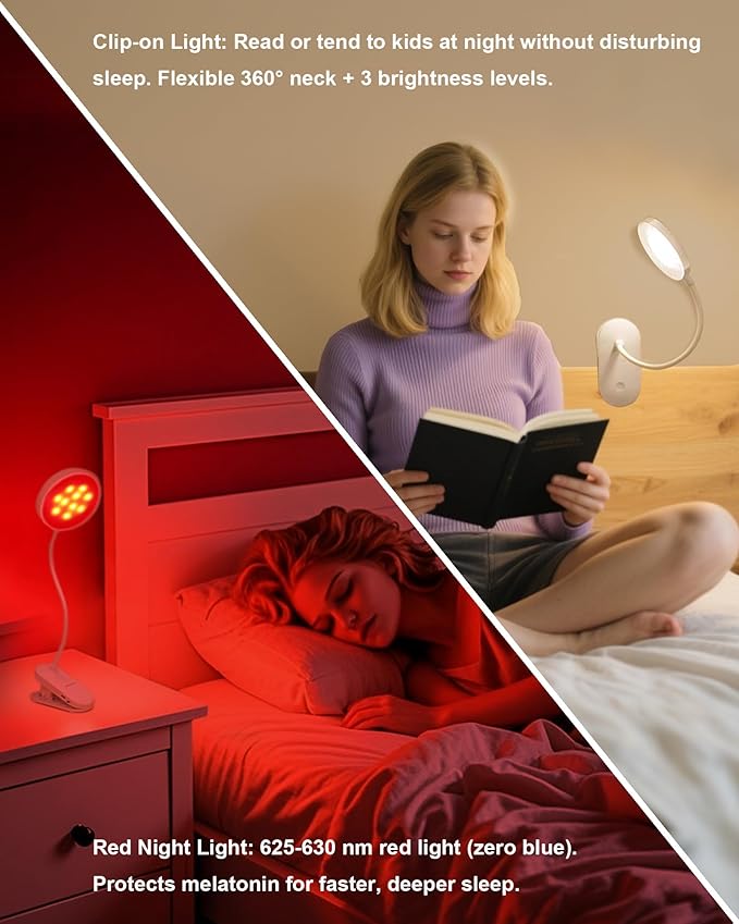 SZOKLED Red Light Reading Lights for Books in Bed, Clip on Lamp with Timer & Dimmable, Rechargeable Eye Care Night Light for Bedroom, Desk, Laptop, Headboard-DeskLoop Office
