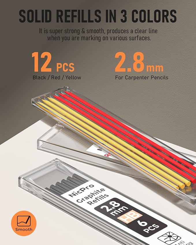 Nicpro CP1000 Carpenter Pencil with Sharpener, 2.8 mm Mechanical Pencils with 13 Refills, Deep Hole Marker for Construction, Heavy Duty Woodworking Pencil, Carpenter Tools for Architect Marking-DeskLoop Office