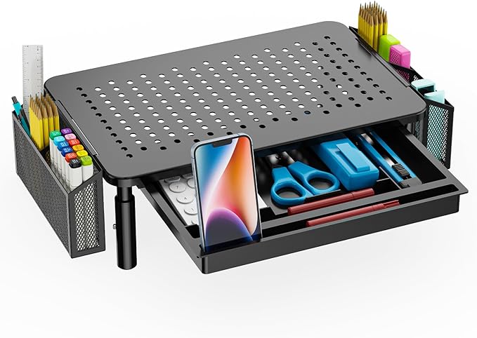 WALI Computer Monitor Stand with Storage, Desk Organizer with Drawer and Pen Holder, Desk Monitor Riser 3 Height Adjustable, Laptop Riser for Computer, Laptop, Printer (STT003DH-B), 1 Pack, Black-DeskLoop Office