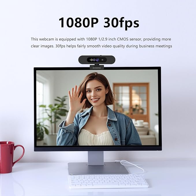 Window Hello Webcam, 1080P 30fps Camera with Noise-reducing Mic, Plug & Play, 90° Wide Angle, Built-in Privacy Cover, 360° Rotation Pan & 90° Tilt, Perfect for Zoom, Google Meet, Microsoft Teams-DeskLoop Office