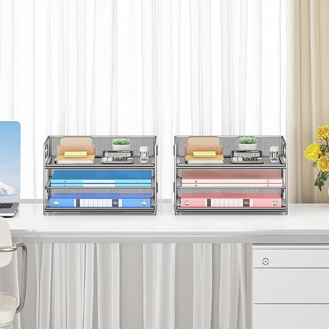 Subekyu 2-Pack 3-Tier Silver Metal Mesh Desk Paper Letter Tray & File Sorter Organizer with Handle + 1 Sliding Tray for Desk, Home, Office, School Supplies, A4 Paper and Accessories Storage-DeskLoop Office