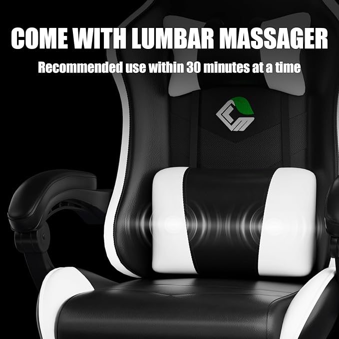 Gaming Chair, Ergonomic Office Computer Chair with Footrest and Lumbar Support Massager Racing Style High Back Video Gamer Chair, Wide&Thick Cushion, 90°-135° Recline, Adjustable Height, White-DeskLoop Office