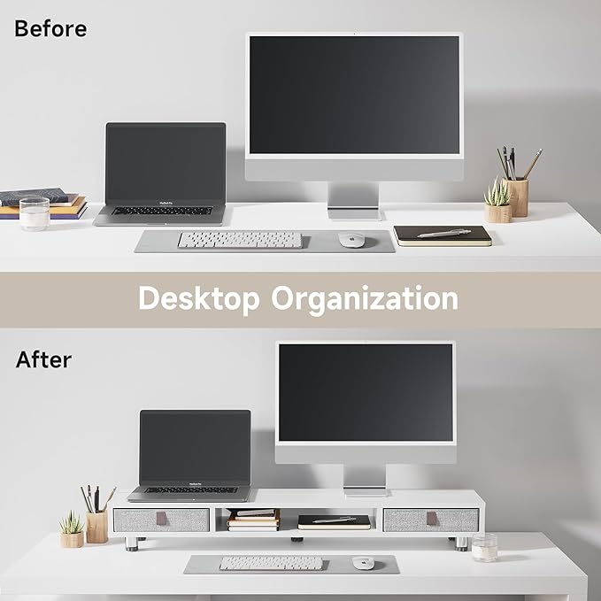 Fenge Dual Monitor Stand with 2 Drawers, 42.5 Inches Large Computer Riser for Desk, Adjustable Height Desk Shelf with Storage for Laptop, PC, TV, Printer-DeskLoop Office