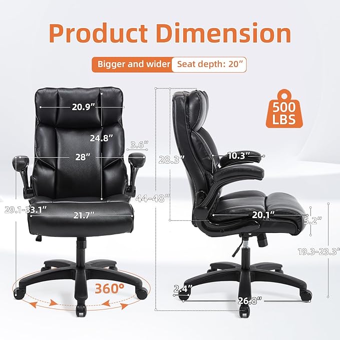Big and Tall Office Chair 500lbs Wide Seat Executive Office Desk Chair High-Back Office Task Chair with Flip-Up Armrest, Ergonomic Lumbar Support Computer Office Chairs for Heavy People(Black)-DeskLoop Office