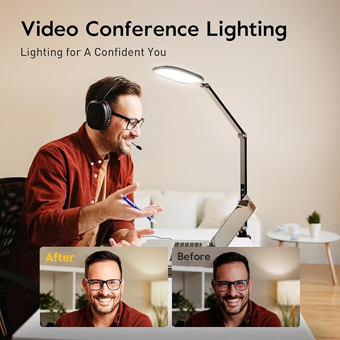 Desk Lights for Home Office, 1200 Lumen LED Desk Lamps with Clamp, Highly Eye-Caring Video Conference Light for Computer, 3 Color 10 Brightness Levels for Ideal Lighting, Remote, Memory & Timer-DeskLoop Office