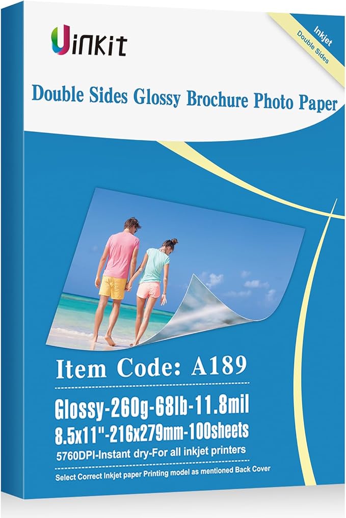 Uinkit Thick Photo Paper Glossy Double Sided 100 Sheets 8.5x11 Heavyweight 68lb 260gsm Inkjet Both Sides Printable 11.8mil A4 Letter size Flyer Bulk Pack 8.5 x 11 Card paper postcard postal A189-DeskLoop Office