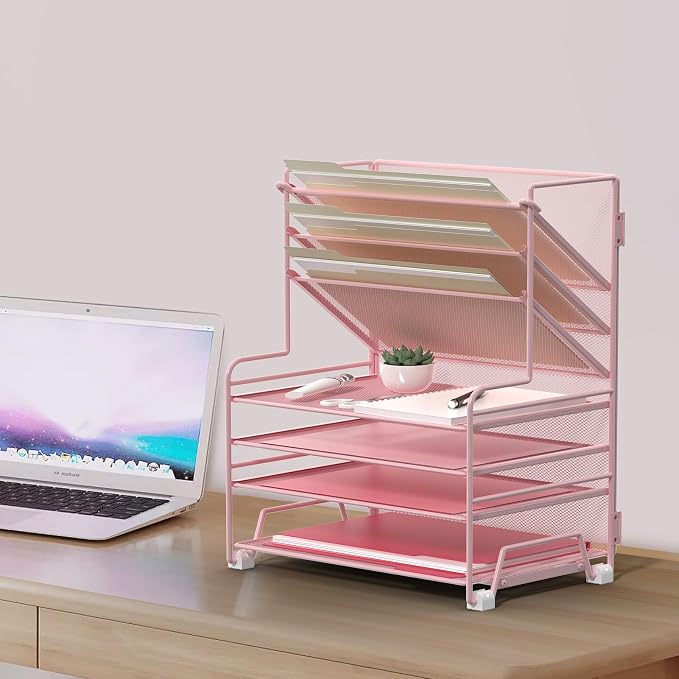 MINDEPOT 4-Tier Paper Organizer + 3-Pocket File Holder + Drawer + Pen Holders - Image 6