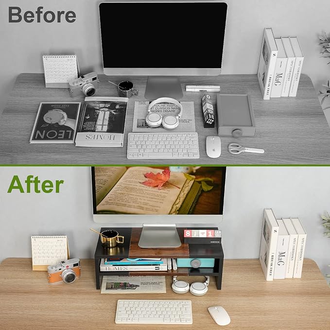 TEAMIX 2 Tiers Desktop Monitor Stand Riser 20 Inch Printer Stand with Storage Small TV Riser Laptop Wooden Desk Organizer Shelf Bookshelf (Black+Brown, 2 tiers)-DeskLoop Office