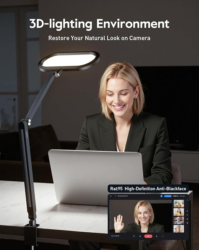 Desk Lamp for Home Office, Eye-Care Dual-Sided Seamless Dimmable LED Desk Light with Knob Remote, Adjustable Arm Clamp Computer Lighting for Video Conference Recording, Zoom Call, Task, Stream-DeskLoop Office