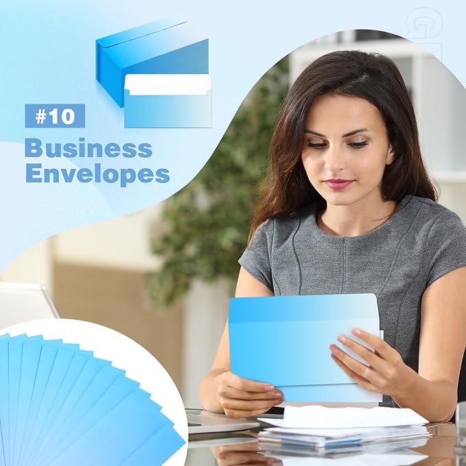 100 Pcs #10 Business Envelopes Colorful Self Adhesive Standard Envelopes Gradient for Office Check Invoices Letters Letterhead Invitations Announcements 4-1/8 x 9-1/2''(Gradient Blue)-DeskLoop Office