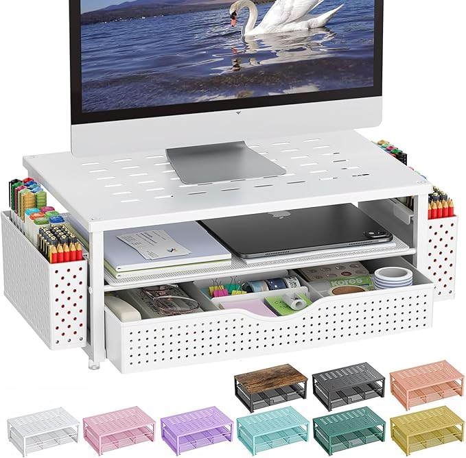 gianotter Desk Organizers and Accessories, Monitor Stand with Drawer and 2 Pen Holder, Desktop Organizer Suitable for Offices and Dormitories (White)-DeskLoop Office