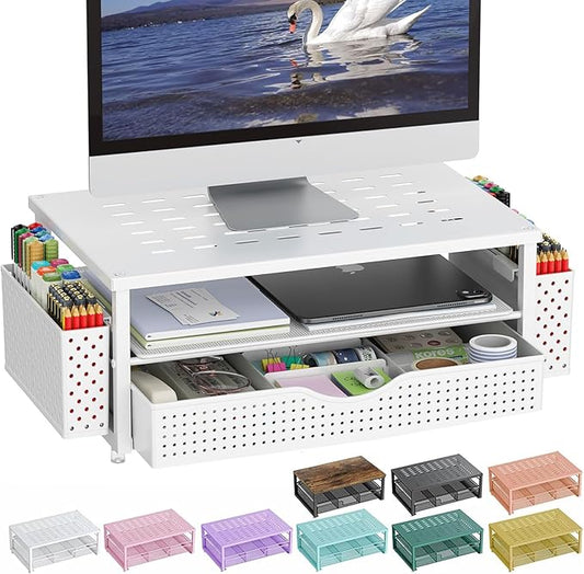 gianotter Desk Organizers and Accessories, Monitor Stand with Drawer and 2 Pen Holder, Desktop Organizer Suitable for Offices and Dormitories (White)-DeskLoop Office