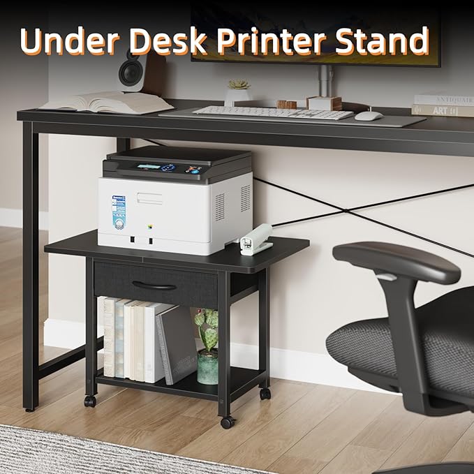 22"x15" Large Printer Stand with Storage Drawer, 2-Tier Under Desk Printer Table for Home Office, Printer Cart fit Fax Machine/3D Printer/Scanner(Black)-DeskLoop Office