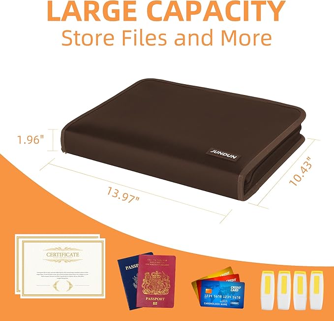 JUNDUN Accordion File Organizer - Fireproof Folder with Zipper & Labels - 12 Pocket Expanding File Folder with Multi-Pockets Paper Folder for Letter A4 Files | Receipt and More (Brown)-DeskLoop Office