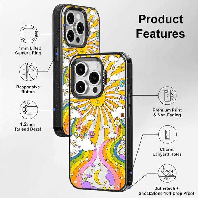 MOSNOVO Magnetic Case for iPhone 15 Pro, 10ft Military-Grade Protection, Compatible with Magsafe, Shockproof Phone Case for iPhone 15 Pro - 70's Psychedelic Groovy Art - Clear Black-DeskLoop Office