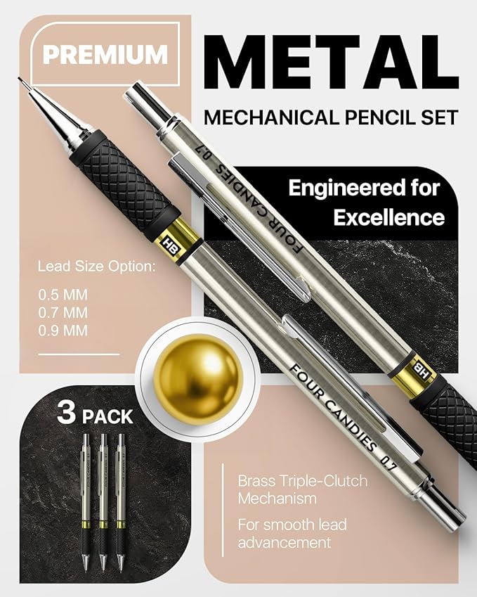 Four Candies Metal Mechanical Pencil Set - 3PCS 0.5 & 0.7 & 0.9 mm Art Pencils & 360PCS HB Lead Refills & 3PCS Erasers & 9PCS Eraser Refills, for Drawing, Writing, Sketching, Drafting - With Case-DeskLoop Office