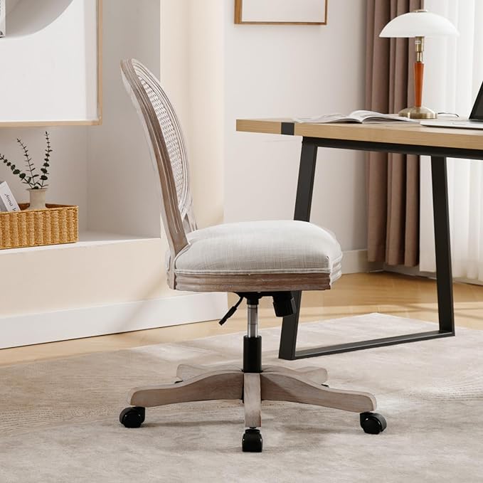 LukeAlon Rattan Back Linen Office Chair, Adjustable Height Swivel Task Chair with Wood Frame Armless Desk Chair with Wheels Upholstered Round Back Vanity Chair for Home Office Study Room, Beige-DeskLoop Office