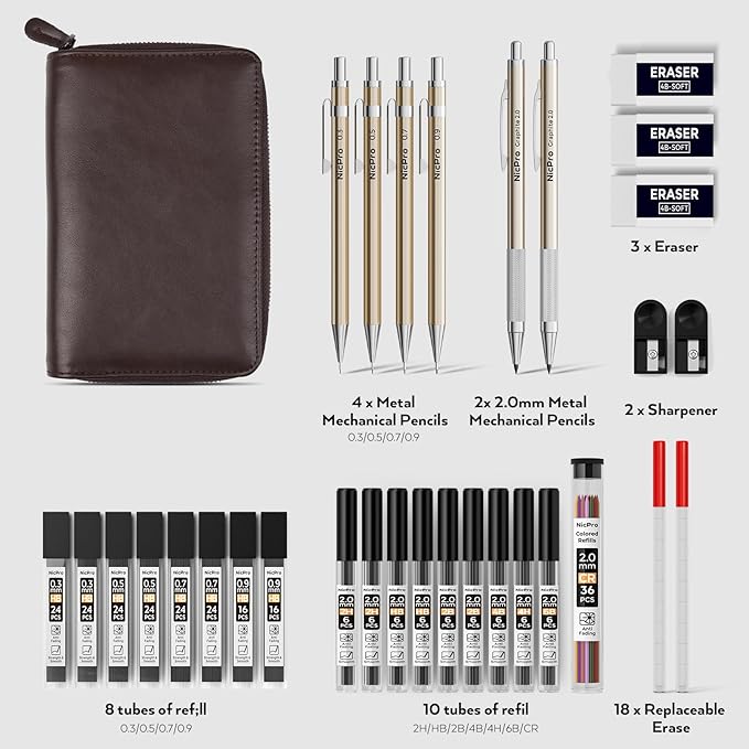 Nicpro 33PCS Metal Mechanical Pencil Set in Leather Case, Art Drafting Pencil 0.3, 0.5, 0.7, 0.9 mm, 2mm Lead Pencil Holders for Sketching Drawing With 18 Tube (6B 4B 2B HB 2H 4H Colors) Lead Refills-DeskLoop Office