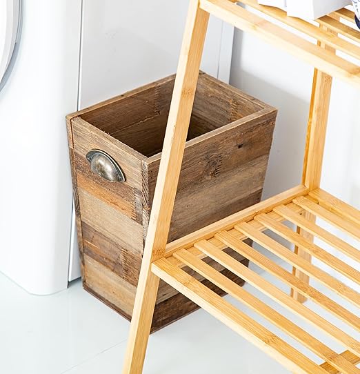 Small Wood Trash Can, Farmhouse Rectangular Garbage Can Waste Basket, Rustic Distressed Reclaimed Wood Wastebasket, Vintage Wooden Trash Recycling Bin Storage Basket with Metal Handles (Natural)-DeskLoop Office