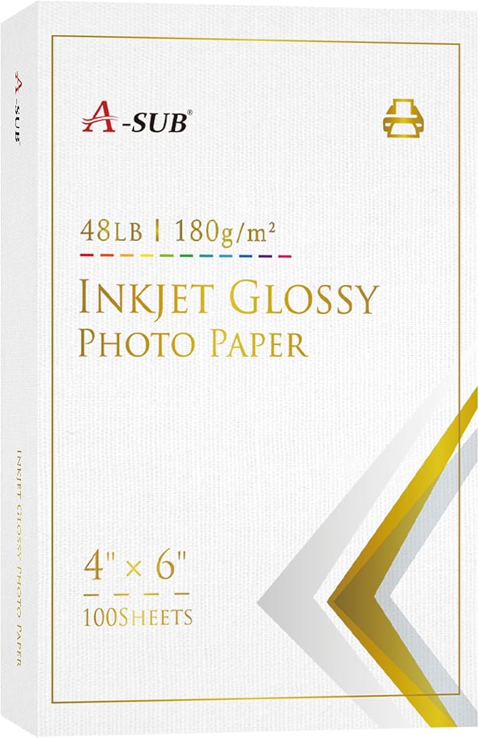 A-SUB Inkjet Glossy Photo Paper 4X6 Inches 48lb 180gsm Professional Glossy Photographic Paper for Inkjet Printers Dye Ink 100 Sheets-DeskLoop Office