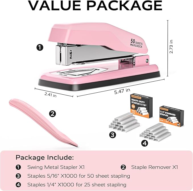 Desktop Stapler, Swing-Arm Swivel Stapler, 50 Sheet Capacity, 2000 Staples and Staple Remover, Rotatable Heavy Duty Staplers for Office, Home, Classroom, Booklet, Book Binding,Pink-DeskLoop Office
