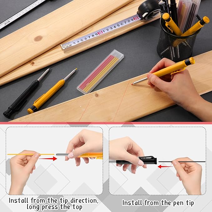 8 pack 2.8mm Mechanical Carpenter Pencils with 48 Refills, Construction Pencils with Built-in Sharpener, Long Nib Deep Hole Marker, Heavy Duty Woodworking Tools (Black+yellow)-DeskLoop Office