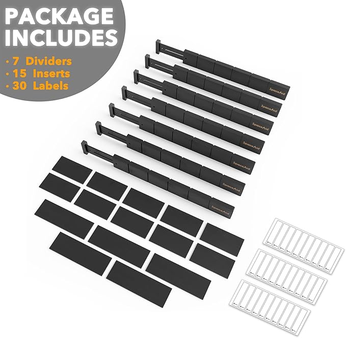 SpaceAid Bamboo Drawer Dividers with Inserts and Labels, Kitchen Adjustable Drawer Organizers, Expandable Organization for Home, Office, Dressers, 7 Dividers with 15 Inserts (17"-22" Black)-DeskLoop Office