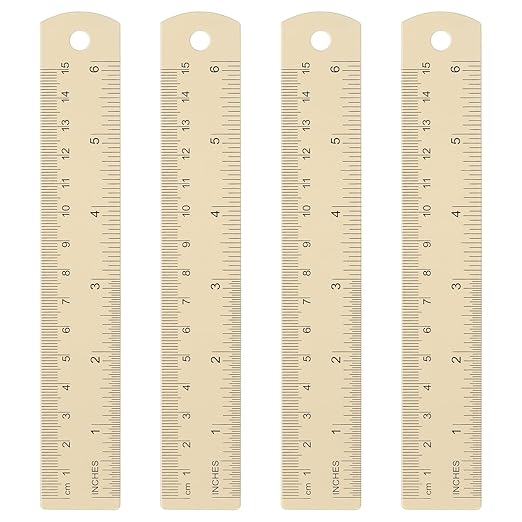 HARFINGTON 4pcs Metal Straight Ruler 15cm Metric SAE Aluminum Alloy Measuring Rulers Scale Tool with Hole for Measure Study Reading Classroom Office, Beige-DeskLoop Office