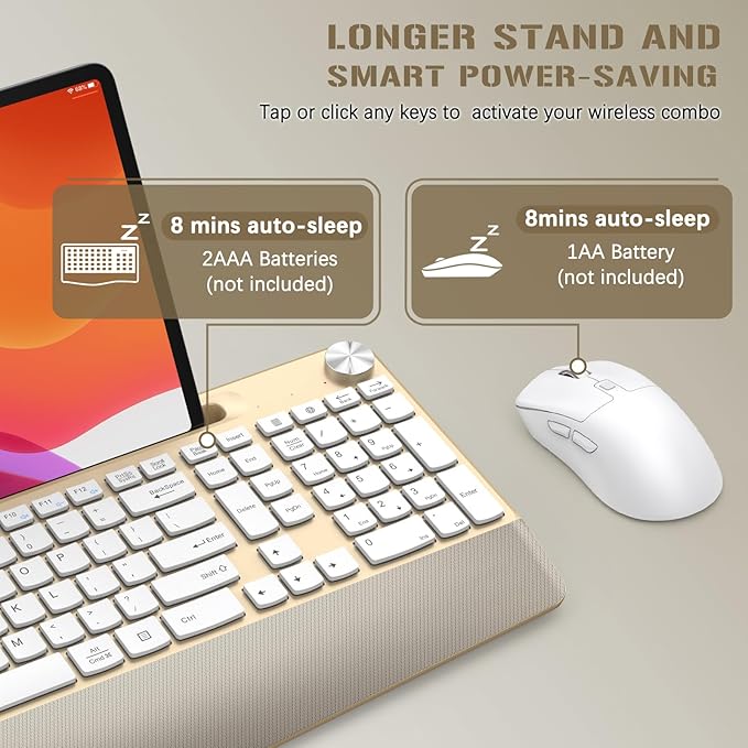 Ergonomic Wireless Keyboard and Mouse with Wrist Rest,Phone Holder - 2.4GHz Full-Sized Low-Profile Quiet Gold Wireless Mouse and Keyboard Combo for Computer, Laptop, PC, Mac-Gold