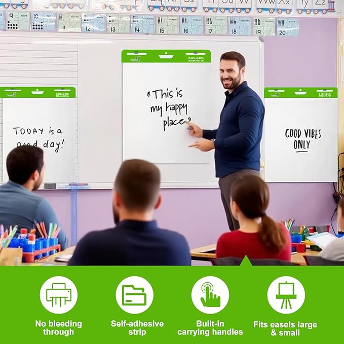 Sticky Easel Pad 15 in x 18 in, 35 Sheets/Pad, 4 Pads/Pack, 140 Sheets, Large White Sticky Easel Paper for Office and Classrooms, Flip Chart Paper for Teachers,Super Sticking Power & Bleed-Resistant