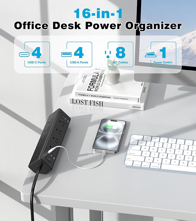 Desk Clamp Power Strip, 40W Total Fast Charging Station, Desk Edge Mount Power Strip, 8 USB Ports(4 USB C) & 8 AC Outlets, Fit 1.9" Tabletop Edge(6Ft 14AWG Cable)-DeskLoop Office