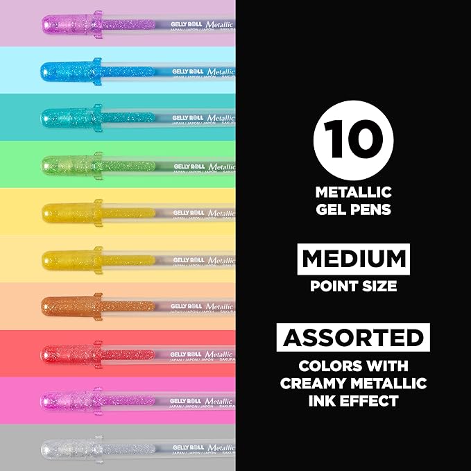 SAKURA Gelly Roll Metallic Gel Pens - Pens for Scrapbook, Journals or Drawing - Art Gifts, DIY Projects - Colored Metallic Ink - Medium Line - 10 Pack-DeskLoop Office