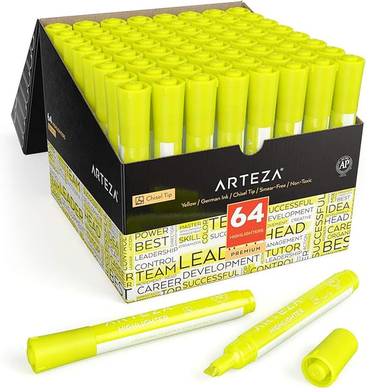 ARTEZA Yellow Highlighters in Bulk, Pack of 64, Chisel Tip Markers-DeskLoop Office