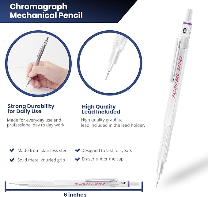 Pacific Arc Chromograph Metal Mechanical Pencil .9 mm Silver Barrel Mechanical Pencil with Built In Lead Pencil Grade Indicator, Lead Pencil Holder for Drafting, Sketching, and Drawing-DeskLoop Office