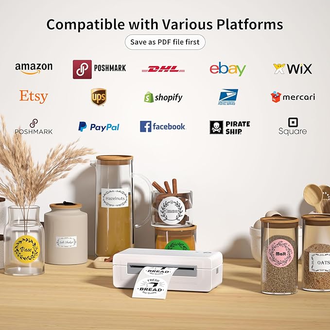 Bluetooth Thermal Shipping Label Printer, 4X6 Inkless Label Machine for iOS, Android, Laptop, Wireless Printer for Small Business, Compatible with Amazon, UPS, Shopify, White-DeskLoop Office