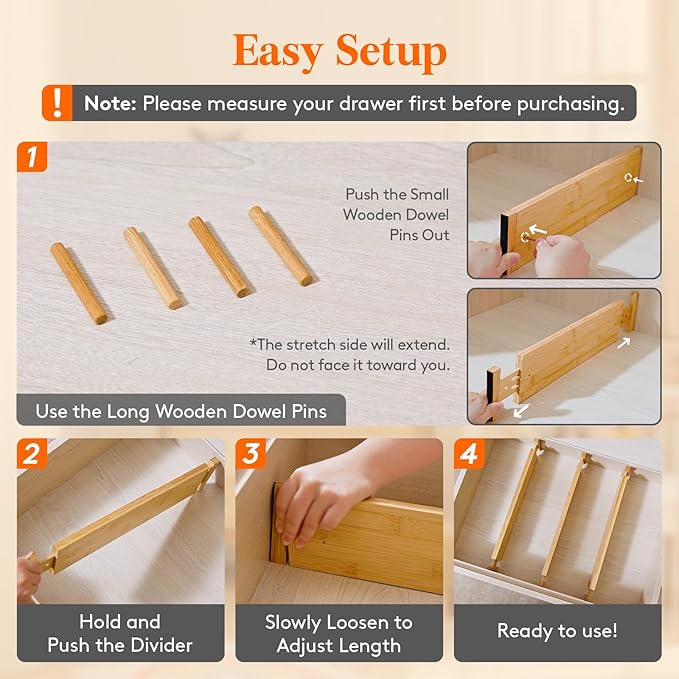 Lifewit 16-22" L x 4" H Drawer Dividers Bamboo 5 Pack, Adjustable Drawer Organizers for Clothes, Expandable Dresser Separators in Bedroom/Bathroom/Kitchen/Fridge/Office Organization and Storage-DeskLoop Office