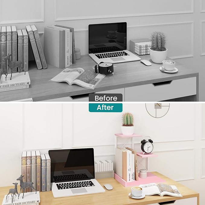 ELITEROO Desktop Shelf, Aesthetic Desk Organizer Table Top Mini Bookshelf, 3 Tier Wooden Desk Supplies Organizers and Storage Stand Cubicle Accessories for Women Office, Pink-DeskLoop Office