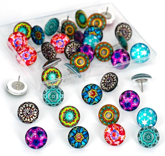 24Pcs Mandala Push Pins,Thumb Tacks for Bulletin Board,Decorative Pins Push, Cork Board Thumbtacks,Photos Wall Maps,Cute Thumbtack for Desk Accessories,Classroom,Home and Office Decor(Mandala)-DeskLoop Office