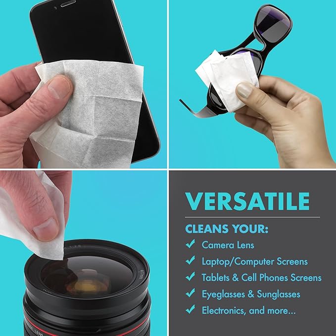 Premoistened Lens and Glass Cleaning Wipes - Portable Travel Cleaner for Glasses, Camera, Cell Phone, Smartphone, and Tablet - Disposable, Quick Drying, Streak Free - Individually Wrapped, Pack of 200-DeskLoop Office