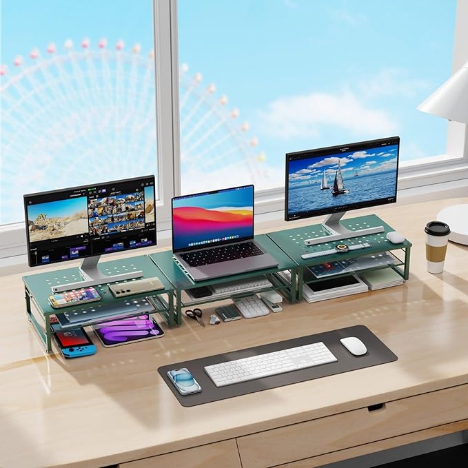 gianotter 2-Tier Metal Monitor Stand Riser, Desk Organizer for Monitor, Office Desk Storage Organizer for Office Supplies (Dark Green)-DeskLoop Office