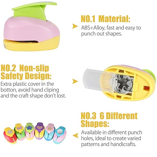 6 Pcs Colorful Craft Hole Punch with 10 Glitter Cardstock Papers, Decorative Scrapbook Paper Puncher Set, Different Shape Paper Hole Puncher Set for Office Supplies (6 Pcs- Different Shapes)-DeskLoop Office
