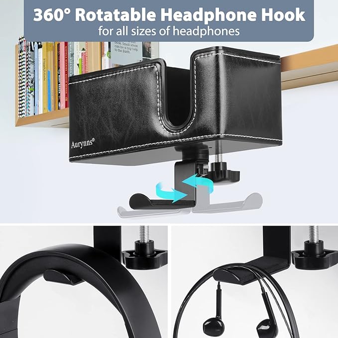 Desk Cup Holder Clip on Pen Holder Headphone Hanger Headset Stand Rotatable Clamp Hook Under Desk (Black)-DeskLoop Office