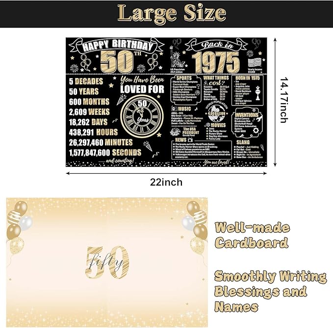 Large 50th Birthday Card With Envelope for Men Women, 1975 Black Gold Happy 50th Birthday Giant Guest Signature Book Gifts, Big Vintage 1975 50th Greeting Card Decoration Party Supplies