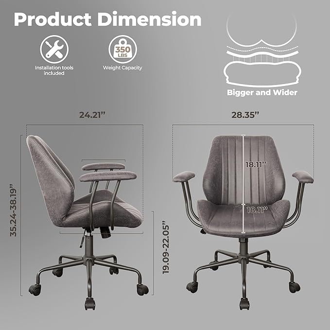 ovios Ergonomic Home Office Chair, Mid-Century Modern Faux Leather Chairs with Padded Armrests, Comfy Mid Back Swivel Rolling Executive Computer Armchair (Dark Grey, Suede Leather)-DeskLoop Office