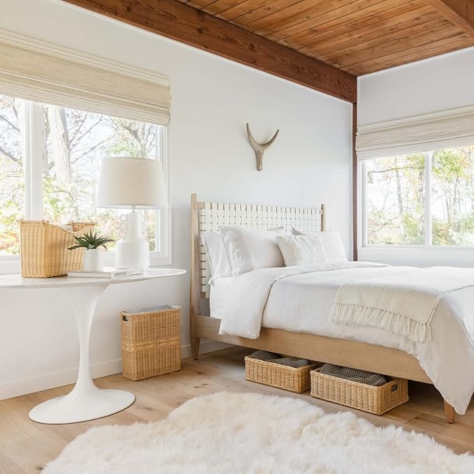 The Basket Lady Large Rectangular Wicker Waste Basket with Metal Liner, 14.5 in L x 9 in W x 18 in H, Sandstone-DeskLoop Office