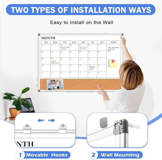 Monthly Calendar Whiteboard Dry Erase Cork Board Combo for Wall, 36" x 24" Magnetic Double-Sided Calendar White Board and Bulletin Board, Portable Board for Office, Kitchen, School, Home-DeskLoop Office