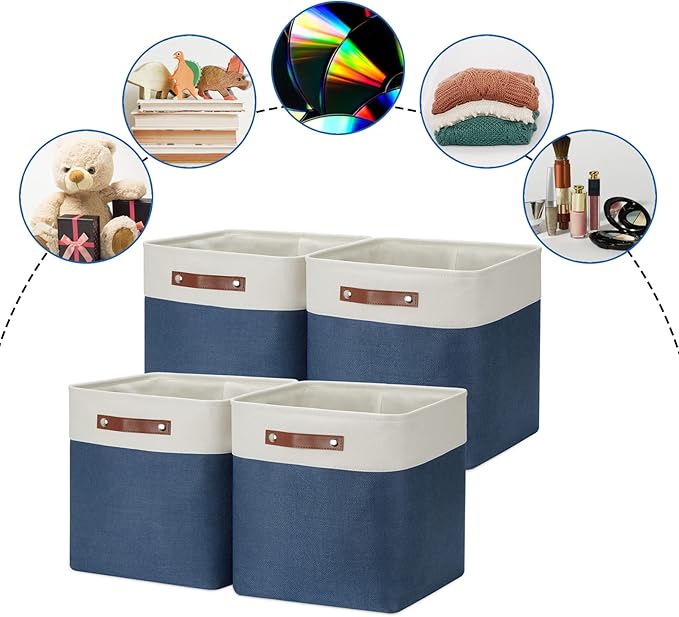 DULLEMELO Storage Baskets for Shelves Closet Storage,Large Home Organization Bins for Gifts Empty,Foldable Fabric Storage Cubes Baskets for Nursery Toy Towels Clothes Storage(White&Blue)-DeskLoop Office