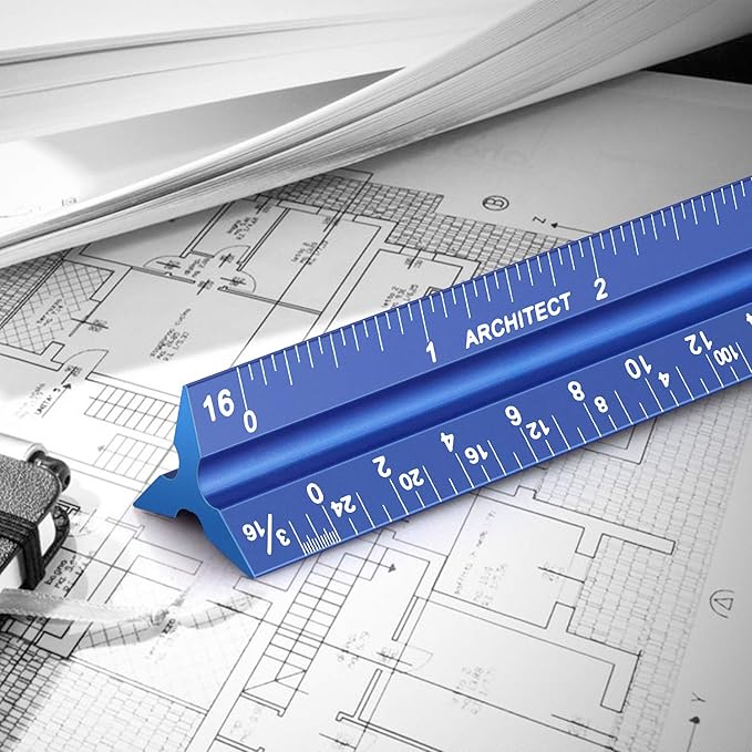 12" Architectural Scale Ruler Aluminum Architect Scale Triangular Scale Ruler for Architects, Draftsman, Students and Engineers, Blue-DeskLoop Office